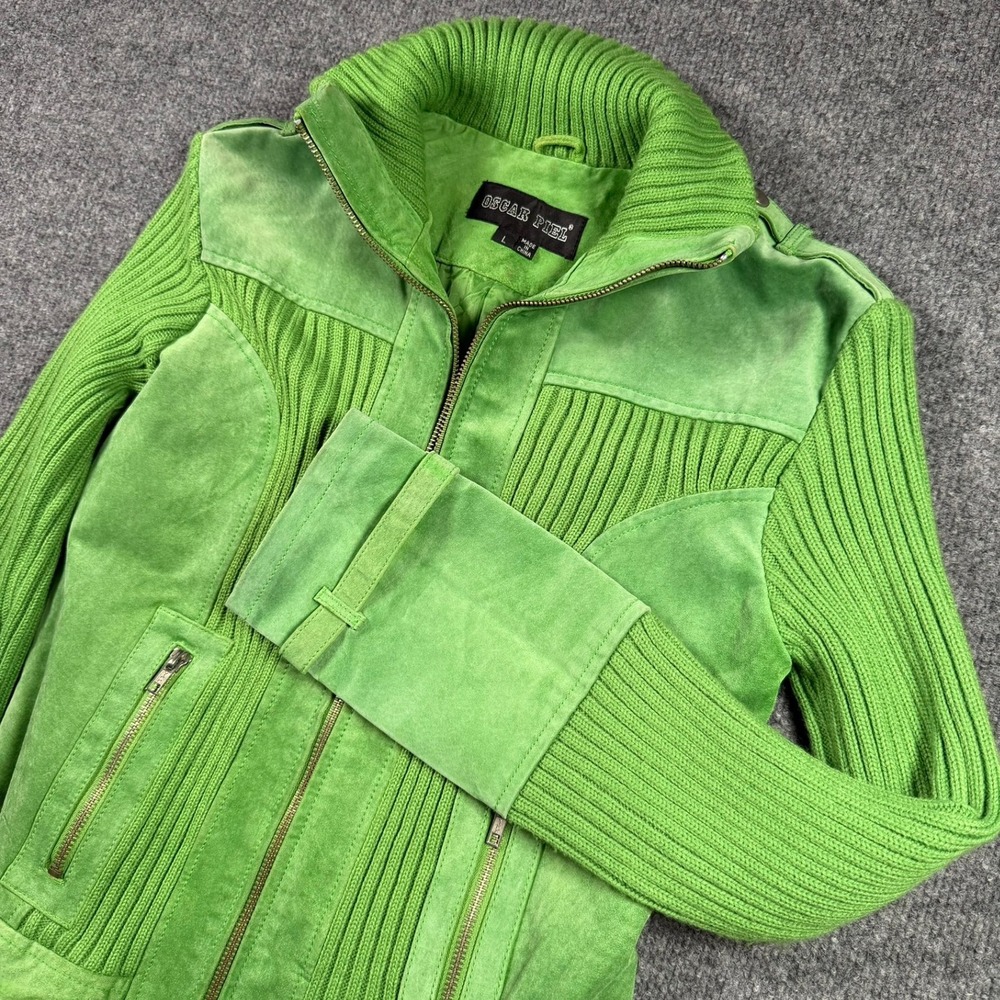 Oscar Piel Suede Knit Jacket Womens L Green Mixed Media Zip Up Moto